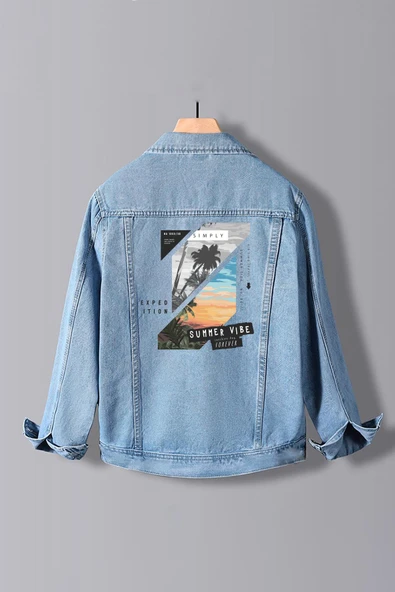 Erkek Slim Fit Sırt Baskılı Denim Kot Ceket Açık Mavi Edw377 - 1