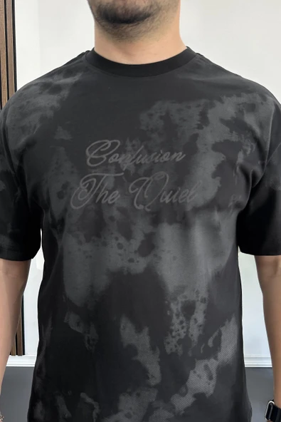 Erkek Oversize Ön ve Arka Kabartmalı Slogan Baskılı Tişört Siyah Edw368 - Resim 5