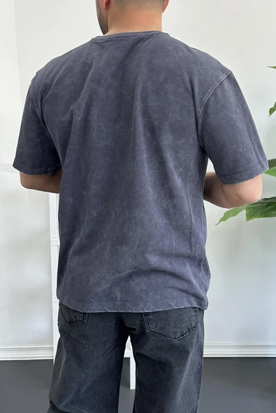 Erkek Oversize Geniş Kesim Yıkamalı Kumaş Nakış Logolu Tişört Füme Edw366 - 4