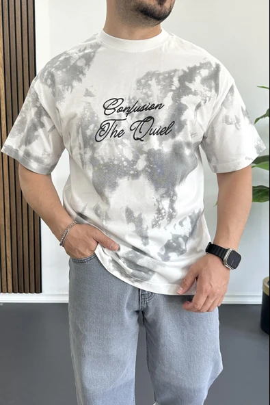 Erkek Oversize Ön ve Arka Kabartmalı Slogan Baskılı Tişört Beyaz Edw368 - 3