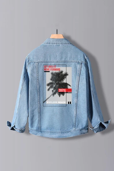 Erkek Slim Fit Sırt Baskılı Denim Kot Ceket Açık Mavi Edw378 - 1