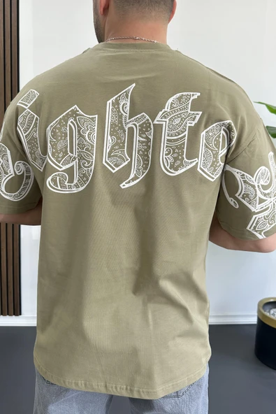 Erkek Oversize Ön ve Arka Kabartmalı Fighter Baskılı Tişört Yeşil Edw367 - 5