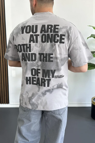 Erkek Oversize Ön ve Arka Kabartmalı Slogan Baskılı Tişört Gri Edw368 - Resim 2
