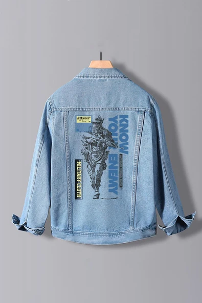 Erkek Slim Fit Sırt Baskılı Denim Kot Ceket Açık Mavi Edw371 - 1