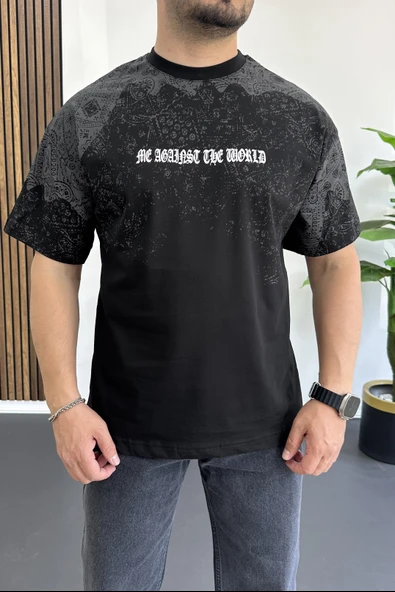 Erkek Oversize Ön ve arka baskılı Desenli Tişört Siyah Edw369