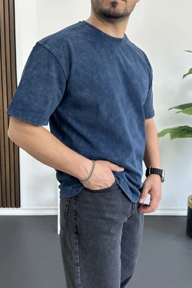 Erkek Oversize Geniş Kesim Yıkamalı Kumaş Nakış Logolu Tişört Mavi Edw366 - Resim 3