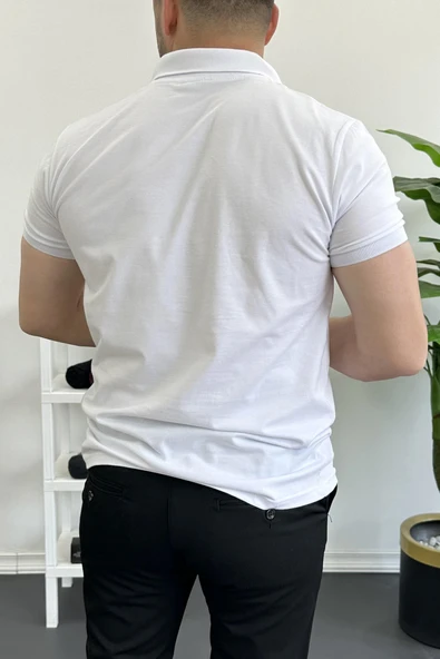 Erkek Slim Fit Düz Renk Pamuklu Soft Polo Tişört Beyaz Edw365 - 3