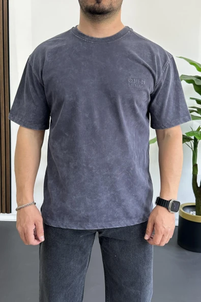 Erkek Oversize Geniş Kesim Yıkamalı Kumaş Nakış Logolu Tişört Füme Edw366 - 2