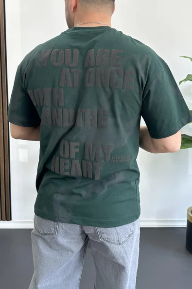 Erkek Oversize Ön ve Arka Kabartmalı Slogan Baskılı Tişört Yeşil Edw368 - 2