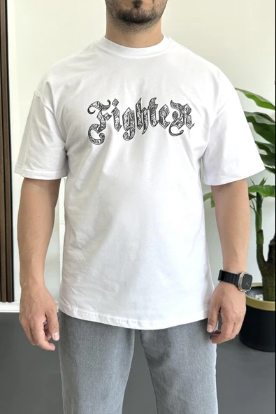 Erkek Oversize Ön ve Arka Kabartmalı Fighter Baskılı Tişört Beyaz Edw367 - Resim 2