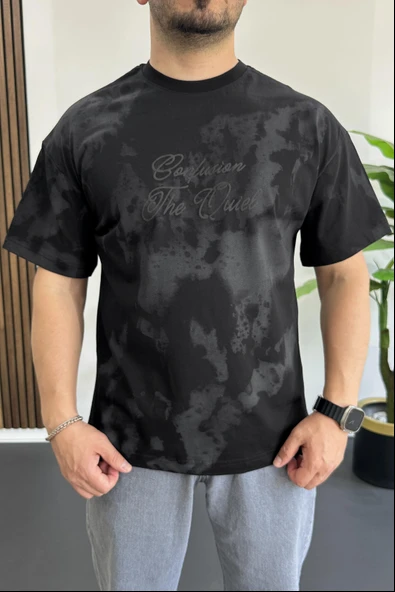 Erkek Oversize Ön ve Arka Kabartmalı Slogan Baskılı Tişört Siyah Edw368 ürün görseli