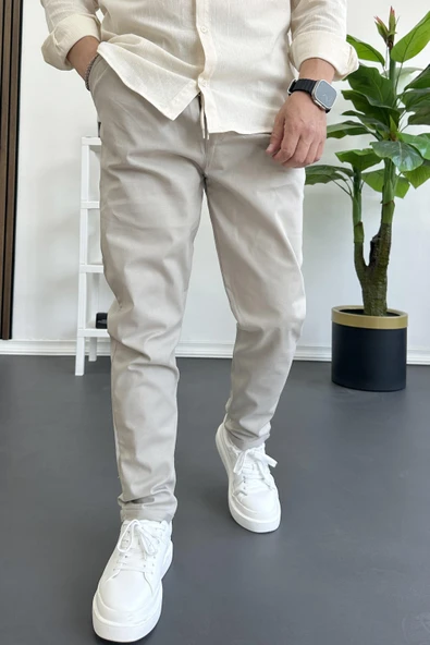 Erkek Dar Paça Jogger Pantolon Bej Edw384 - Resim 2