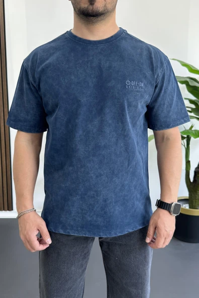 Erkek Oversize Geniş Kesim Yıkamalı Kumaş Nakış Logolu Tişört Mavi Edw366 - Resim 2