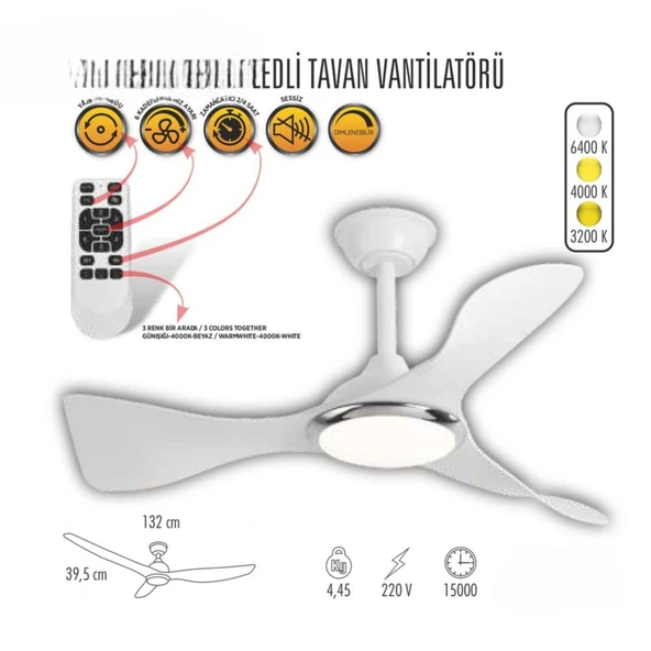40 Watt, 3 Işık Modlu, 6 Kademeli, Kumandalı, Çok Şık ve Kaliteli Tavan Vantilatörü Ledli Vantilatör - 6