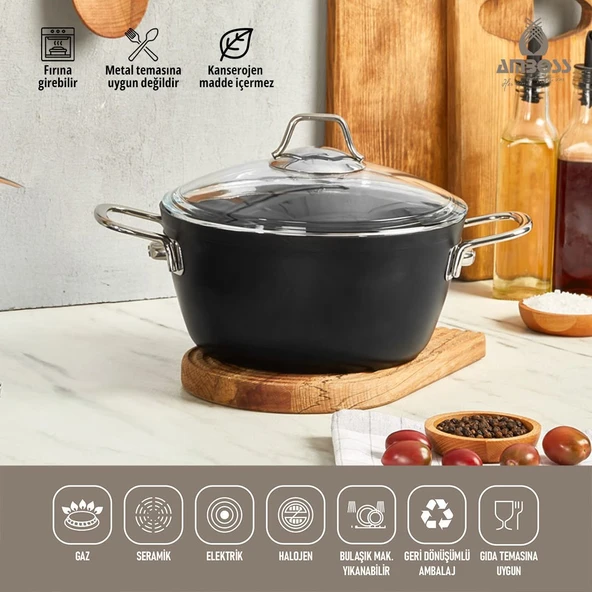 Amboss Dark Cam Kapaklı 20 cm Derin Titanyum Kaplama Granit Tencere - 4