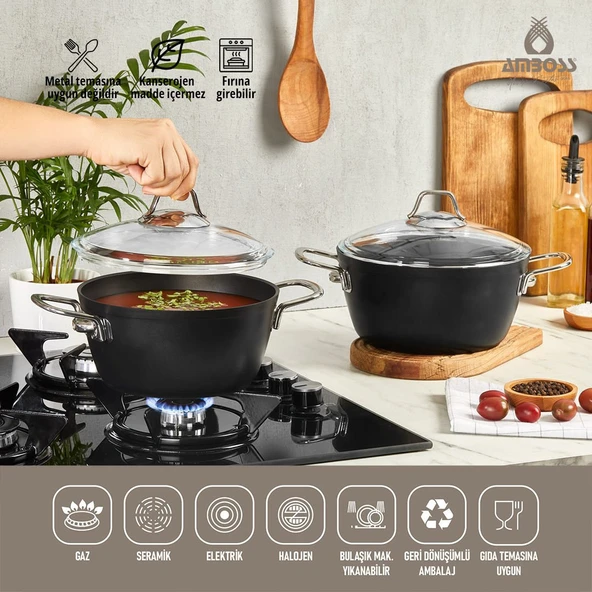 Amboss Dark Cam Kapaklı 20 cm Derin Titanyum Kaplama Granit Tencere - 7