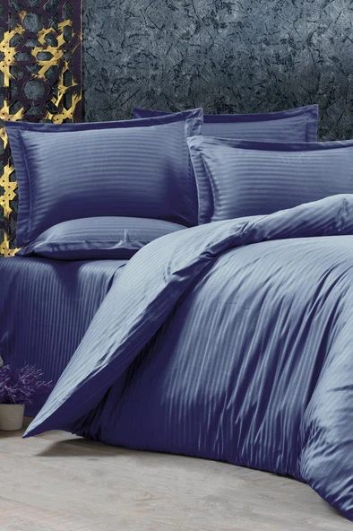 Çeyiz Diyarı Stripe Çift Kişilik PollySaten Nevresim Takımı Lacivert ürün görseli