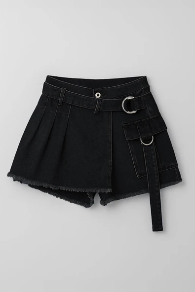 Kadın Yüksek Bel Kemerli Jean Şort Etek - 3