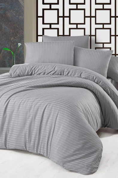 Çeyiz Diyarı Stripe Çift Kişilik PollySaten Nevresim Takımı Gri ürün görseli