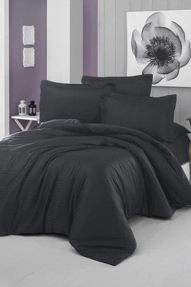 Çeyiz Diyarı Stripe Çift Kişilik PollySaten Nevresim Takımı Siyah