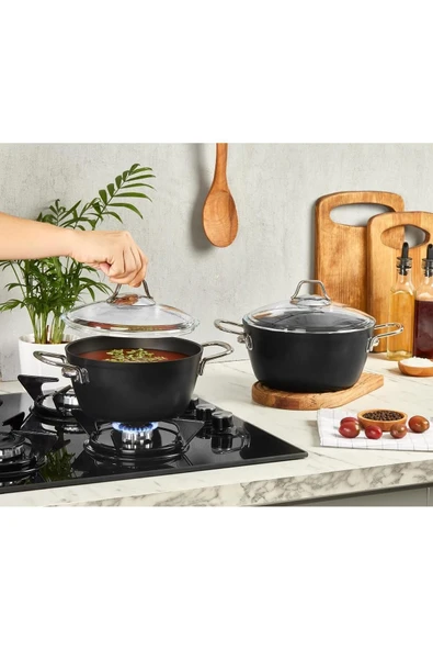 Amboss Dark Cam Kapaklı 24 cm Derin Titanyum Kaplama Granit Tencere - Resim 4