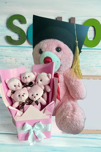 Mezuniyet Hediyesi:  Mezun Peluş Ayıcık & Pembe Ayıcık Buketi - 4