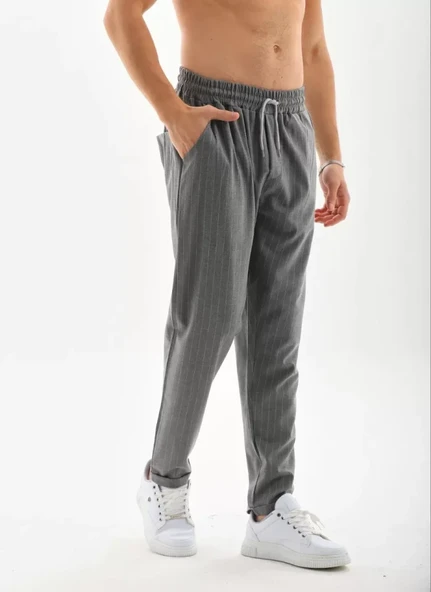 Unisex Çizgili Eşofman Altı - Füme - 4
