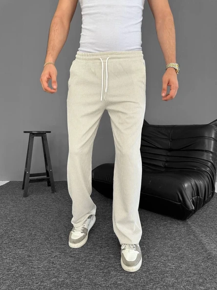 Su Yolu Çizgili Cepli Pantalon - Bej - 3