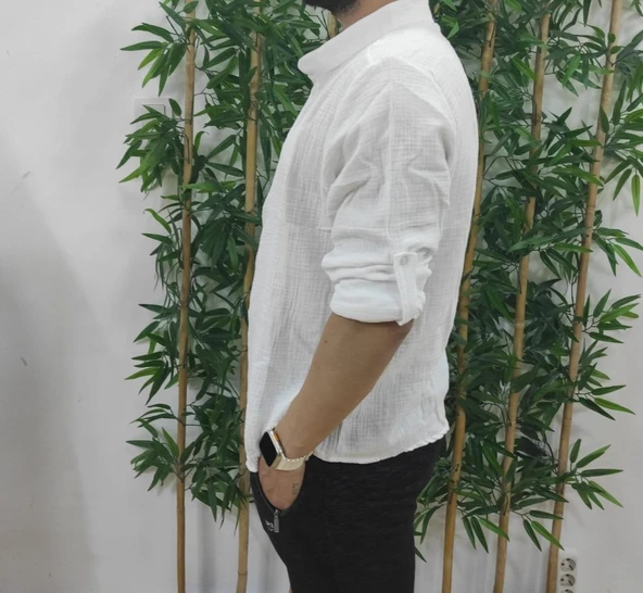 Erkek Uzun Kollu Hakim Yaka Düğmeli Erkek Müslim Gömlek - 5