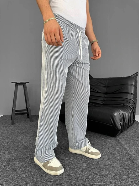 Su Yolu Çizgili Cepli Pantalon - Gri - 3