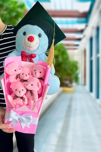 Mezuniyet Hediyesi:  Mezun Peluş Ayıcık & Pembe Ayıcık Buketi