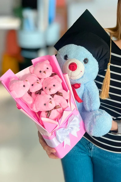 Mezuniyet Hediyesi:  Mezun Peluş Ayıcık & Pembe Ayıcık Buketi - 2