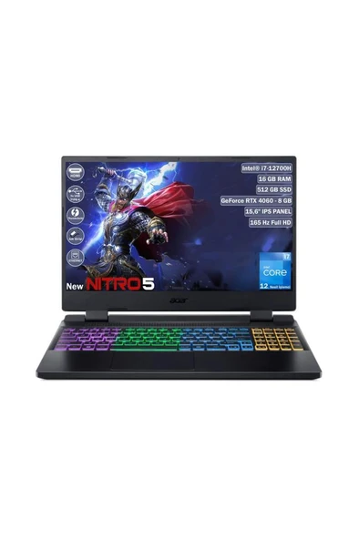 Nitro5 Intel Core i7-12700H 16GB 512GB SSD RTX4060 8GB 15.6" FHD 165Hz DOS Siyah Gaming Laptop