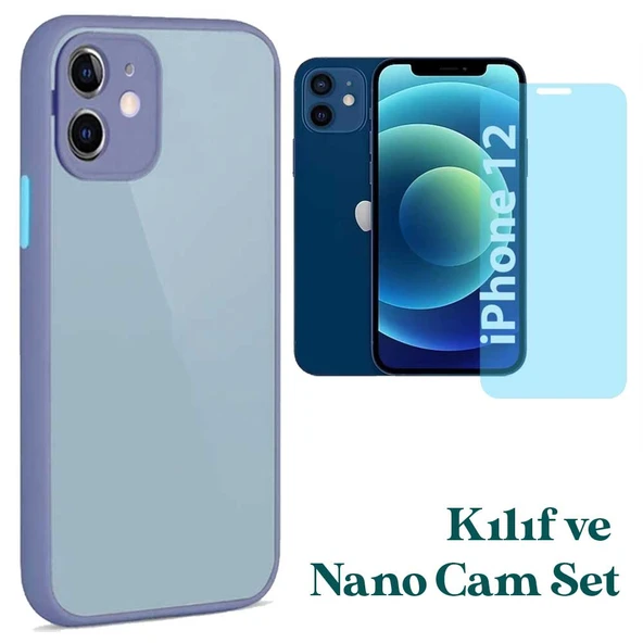 Apple iPhone 12 Uyumlu Montreal Kılıf Ve Nano Cam Ekran Koruyucu Set Lavanta Gri ürün görseli 1
