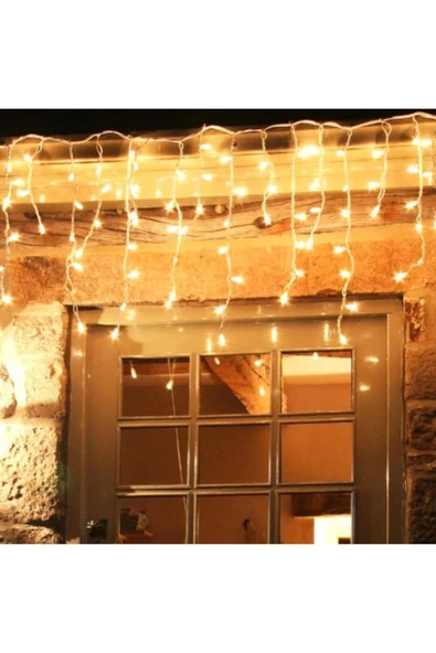 16 Saçaklı 4 Mt Dekoratif 96 Led Işık Sarkıt Sarı Renk Ip Perde - 4