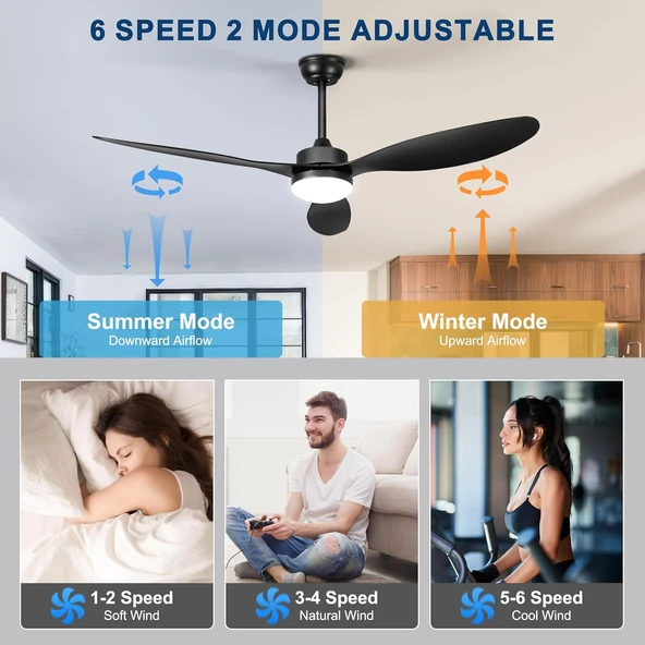 40 Watt, 3 Işık Modlu, 6 Kademeli, Kumandalı, Çok Şık ve Kaliteli Tavan Vantilatörü Ledli Vantilatör - 2