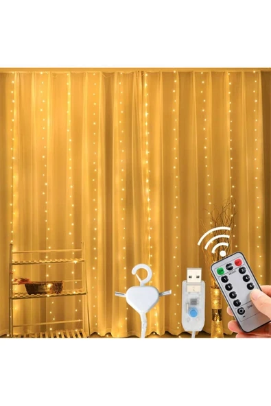 Fişli Ve Kancalı Perde LED 3x3 USB Girişli Zaman Ayarlı Işık Aydınlatma Dekorasyon Süs - 1