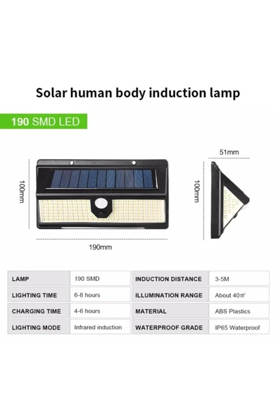Solar Enerjili Dış Mekan Bahçe Aydınlatma 190 LED'li Çakarlı Işık - 5