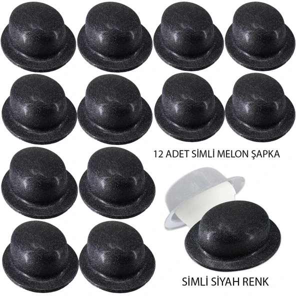   Siyah Renk Simli Melon Yuvarlak Parti Şapkası 12 Adet