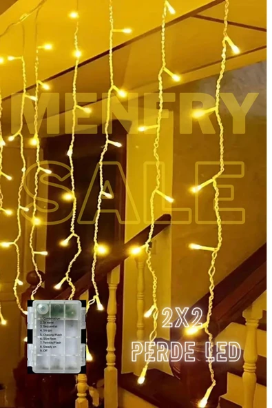 2x2 Pilli 8 Fonksiyonlu 200 Led 10 Saçak Şerit Led Perde Led İp Led Sarı ışık