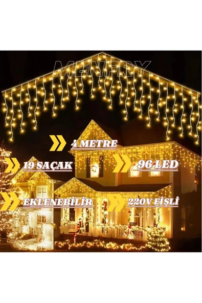 16 Saçaklı 4 Mt Dekoratif 96 Led Işık Sarkıt Sarı Renk Ip Perde - 2