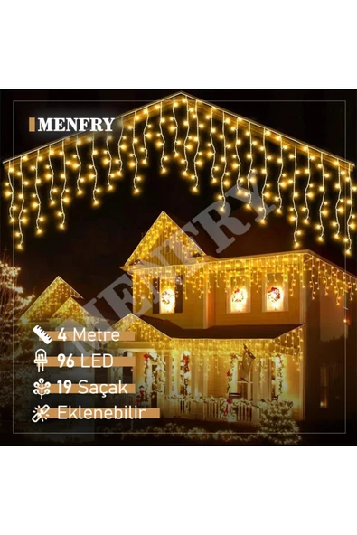 16 Saçaklı 4 Mt Dekoratif 96 Led Işık Sarkıt Sarı Renk Ip Perde