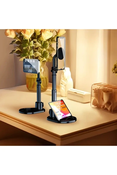 Masaüstü Telefon Tablet Tutucu 360 ° Ayarlanabilir Teleskobik Başlıklı Demir Tabanlı Stant