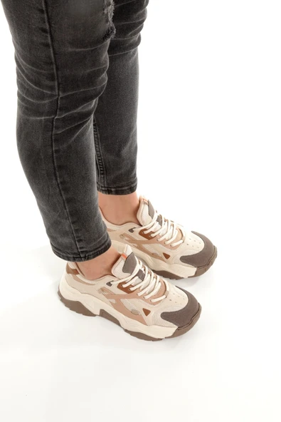 Muca Krem Kahve Sneaker Kalın Tabanlı Spor Ayakkabı - 3