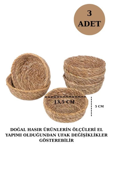 3 Adet Hasır Çerezlik Kase El Yapımı Hasır Organizer - 2
