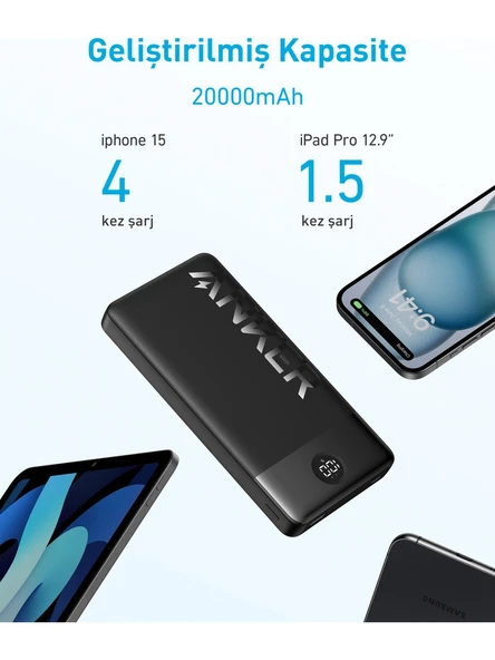 Anker 326 20000 Mah Taşınabilir Hızlı Şarj Cihazı - USB-C - 15W 2 Çıkışlı Powerbank - Siyah - A1367 (Anker Türkiye Garantili)