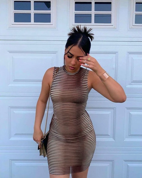 Kadın Sıfır Kol Desenli Mini Bodycon Dalgıç Elbise - 7