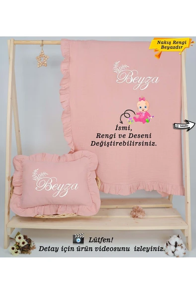 gros shop  %100 Pamuk 4 Katlı Müslin Fırfırlı Battaniye Takı Yastığı Kılıfı (Kişiye Özgü İsimli Nakış Desenli)