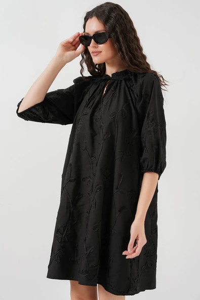 Desenli Kısa Elbise 2528 - Siyah - 4