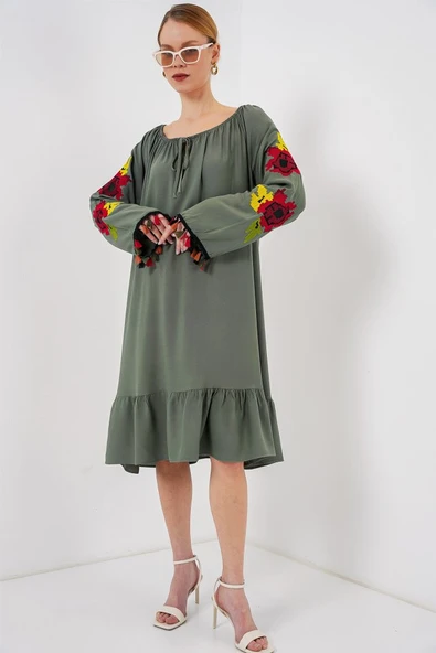 Nakışlı Midi Elbise 2531 - Haki - 2